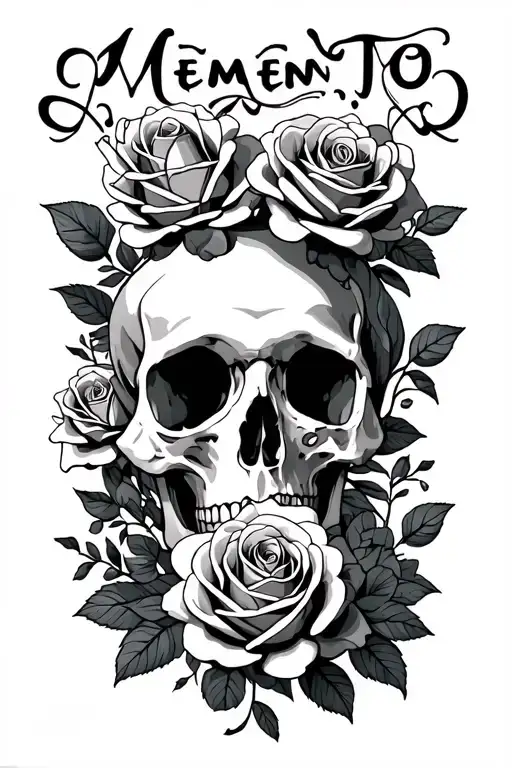 Roses and memento mori text tattoo design idea