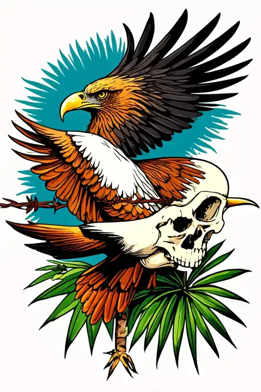 Eagle, barbed wire, humming bird, Long horn skull, and a palm tree all put into as one cohesive tattoo idea tattoo design idea
