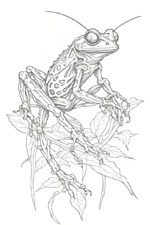 mantis hunting a climbing frog tattoo design idea