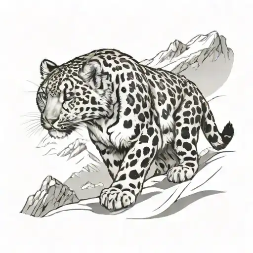 snow leopard climbing down snowy mountain tattoo design idea