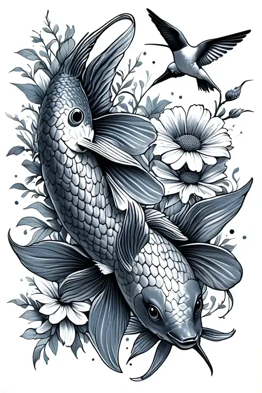 two koi fish, wildflowers and a hummingbird tattoo design idea