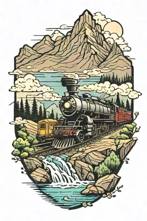 Train crossing a creek running through mountains   tattoo design idea
