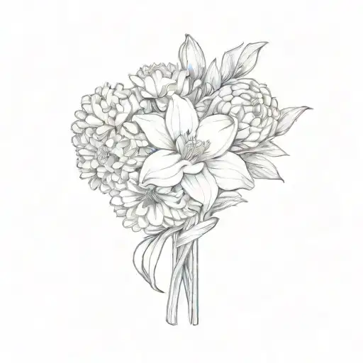 bouqet including chrysanthemum, daffodil, iris, carnation, and marigold  tattoo design idea