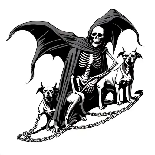 skeleton grim reaper with three chained devil dogs tattoo stencil tattoo design idea