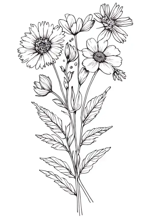 Fine line bouquet with birth flowers from  February, March, April, August, and 2 from november with little detail tattoo design idea