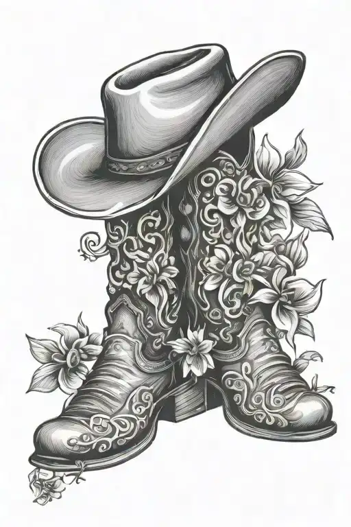 cowboy boots, flowers, and cowboy hat tattoo design idea