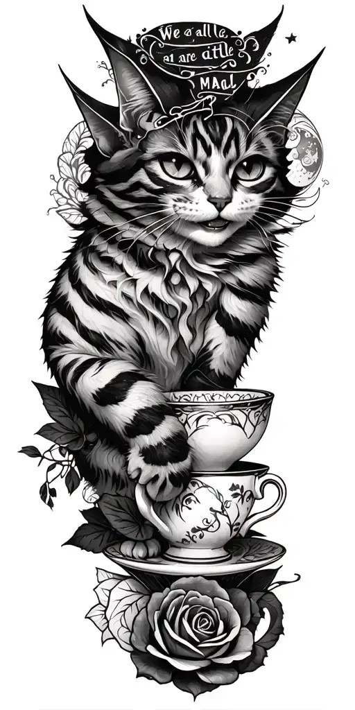 "We are all a little mad" twisted goth cheshire cat with extreme smile, teacup, rose. and moon intertwined  tattoo design idea