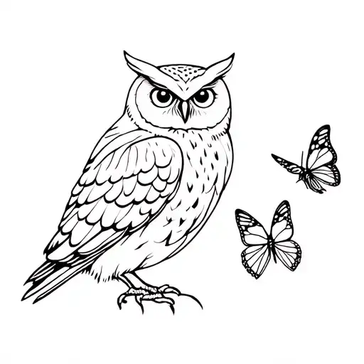 of an owl and next to it, a butterfly, both flying next to each other tattoo design idea