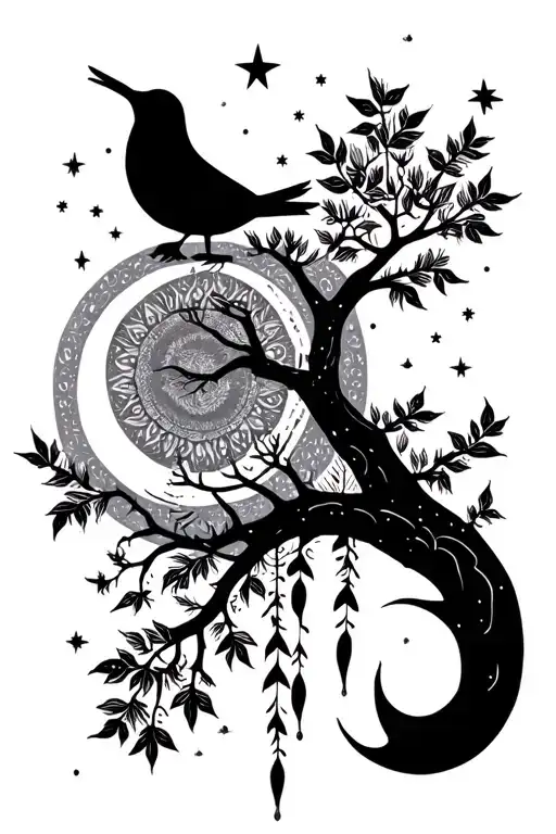 "Everything is in me" "Everything is in me" wind blowing, weeping willow, ornaments, stars, moon, mandala, circles, lines, tree, leaves, bird tattoo design idea