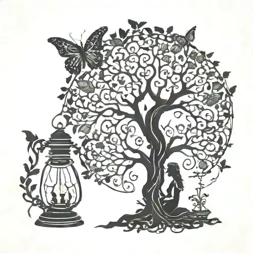 oil lamp silhouette woman tree of life butterfly tattoo design idea