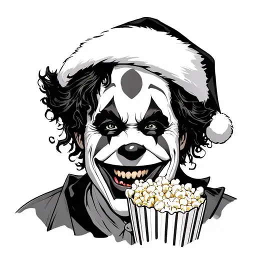 art the clown from the movie terrifier 3 wearing Santa hat smiling while eating popcorn tattoo design idea