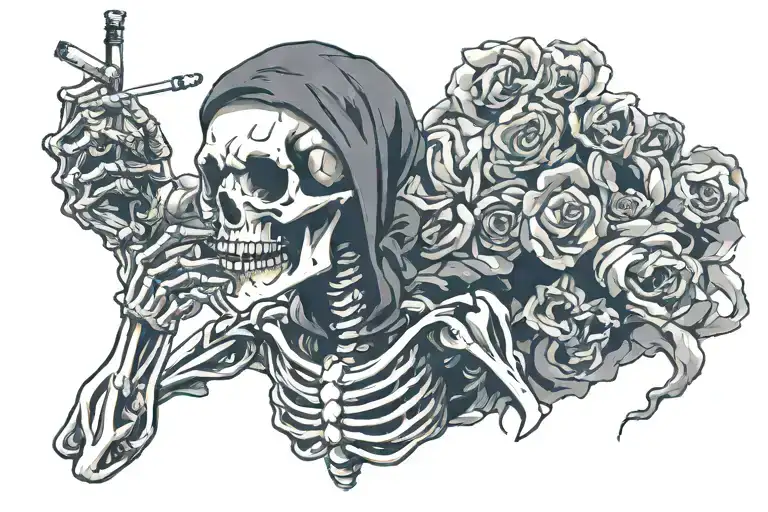 Skeleton smoking a cigarette tattoo design idea