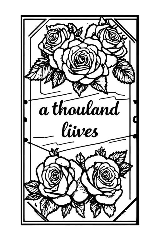 fine line tattoo featuring a postage stamp with roses and strawberries inside and the words "a thousand lives" tattoo design idea