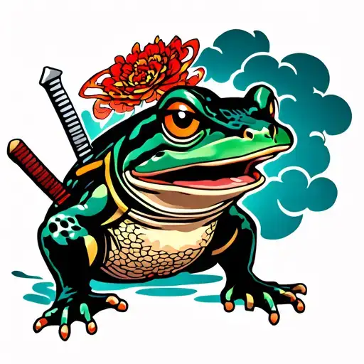 samurai frog with katana and clouds surrounding tattoo design idea