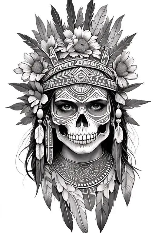 aztec warrior girl, skeletal fierce face, crown intricate geometric patterns feathers , spirituality, marigolds flowes tattoo design idea