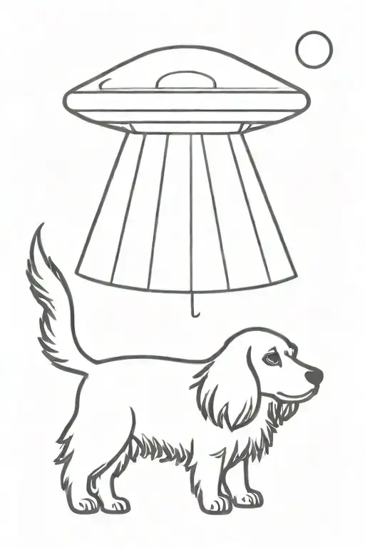 A flying saucer ufo beaming up a black and white cockerspaniel with black ears and eyes and very straight legs  tattoo design idea