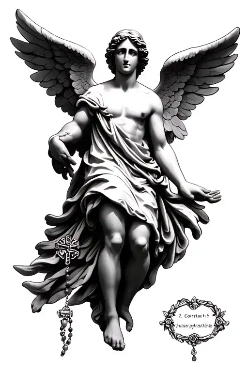 generate a lower leg tattoo idea for the bible verse 2 Corinthians 5:7 include an angel, a background, a rosary tattoo design idea