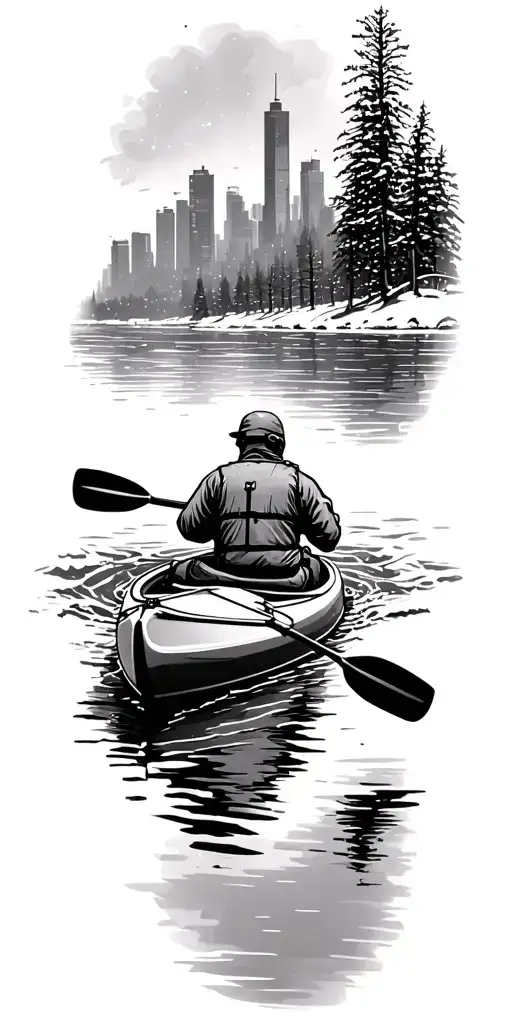 kayaker paddling on river towards big city in winter tattoo tattoo design idea