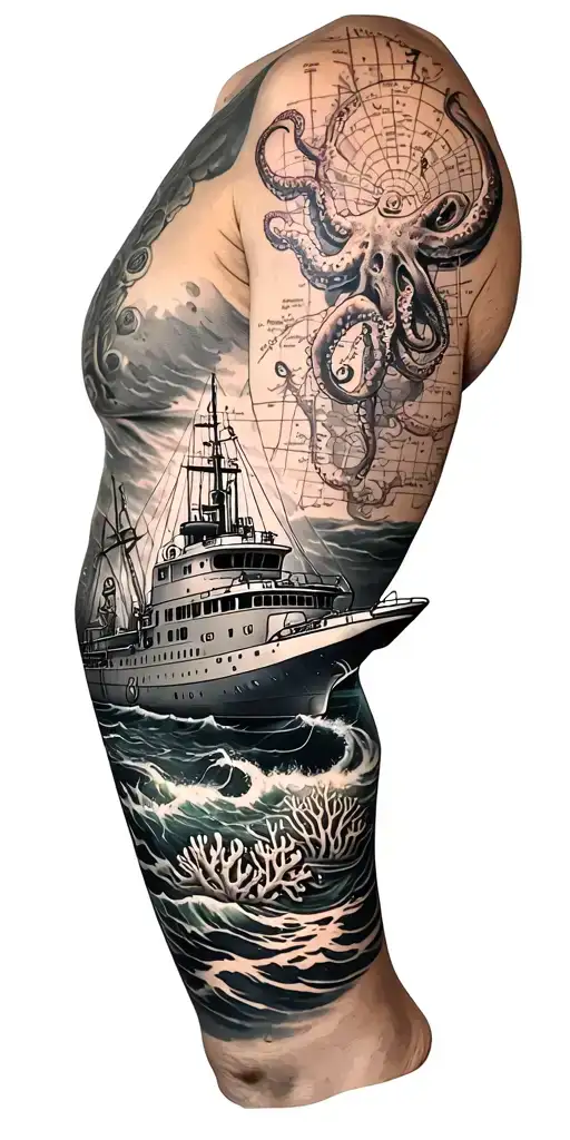 sleeve featuring nautical elements like a diesel submarine, octopus, anchor, coral, and nautical charts tattoo design idea