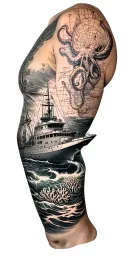 sleeve featuring nautical elements like a diesel submarine, octopus, anchor, coral, and nautical charts tattoo design idea