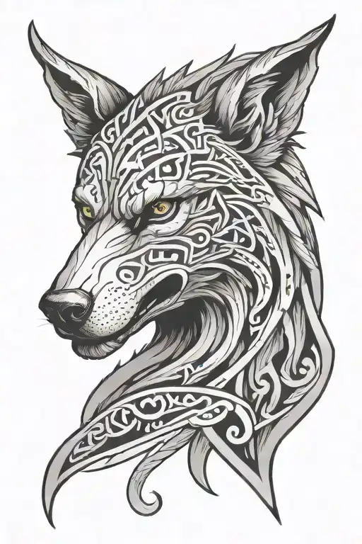 fenrir head, nordic runes, lines around it tattoo design idea
