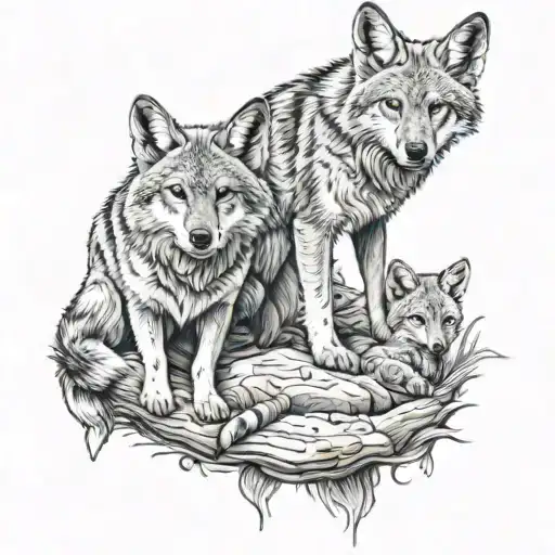 coyotes guarding a little cub tattoo design idea