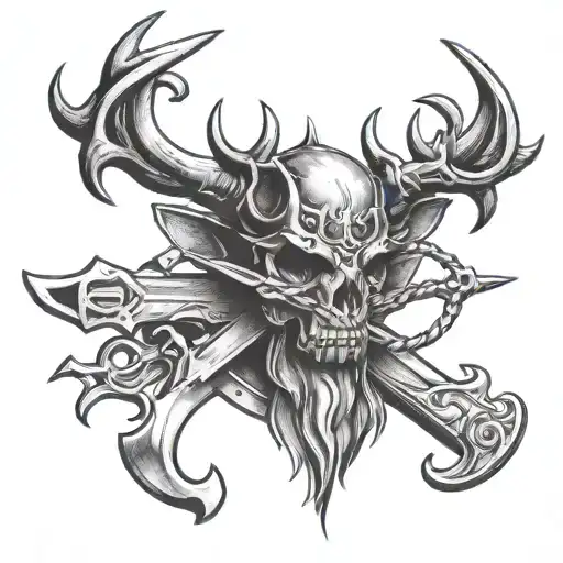 stags head, 2 axes crossed together, a commando dagger and an anchor  tattoo design idea