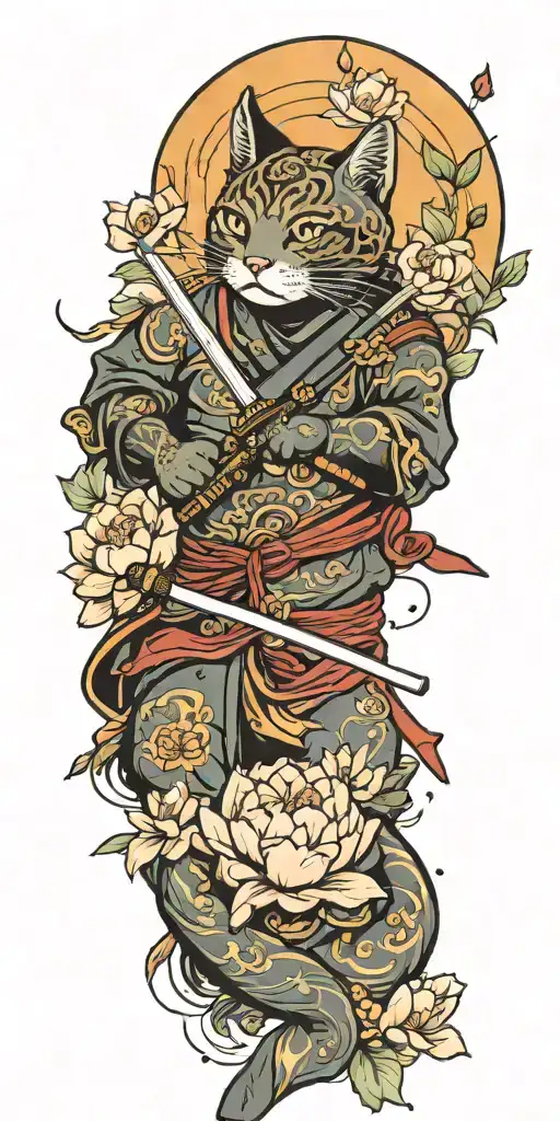ninja cat holding katana, tail, water, waves, lotus, sakura, clouds, whirlpool, leaves, peony, sunset tattoo design idea