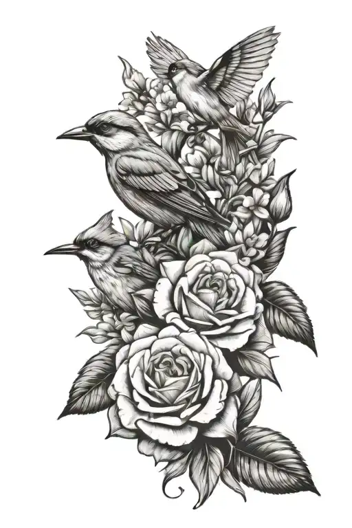 Make me a tattoo design in memory of my grandmother, her love for flowers, gardening and birds  tattoo design idea
