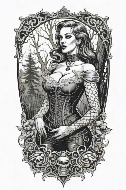 Gothic realistic pinup girl in corset and fishnet leggings being bitten in the neck by a vampire in the woods NO BORDER tattoo design idea