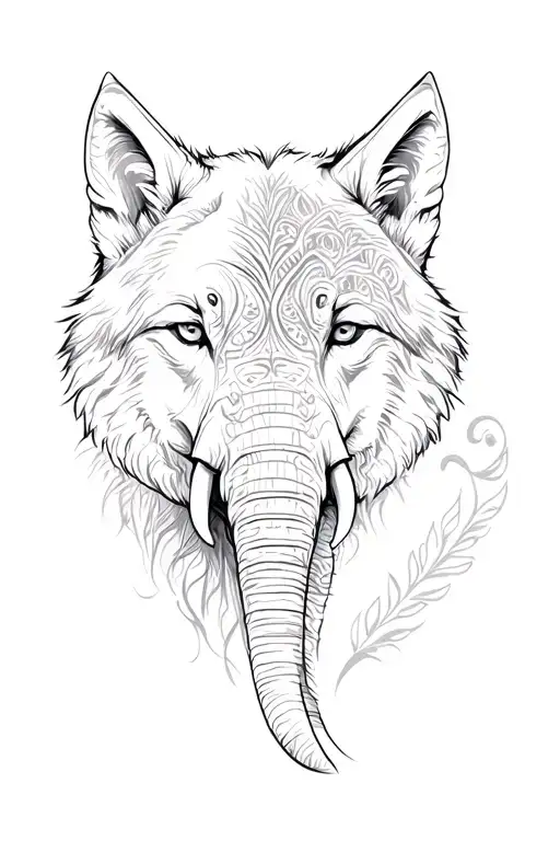 Sketch for women's tattoo combining the face of a wolf and the other average face of an elephant, the tattoo design idea