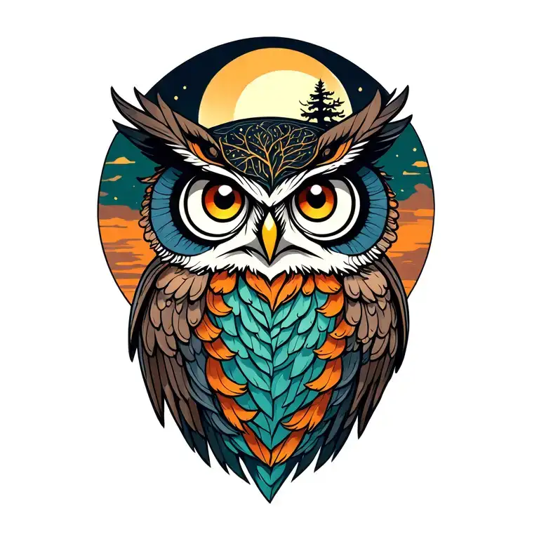 owl that has three eyes with tree of life behind and moon to upper left tattoo design idea