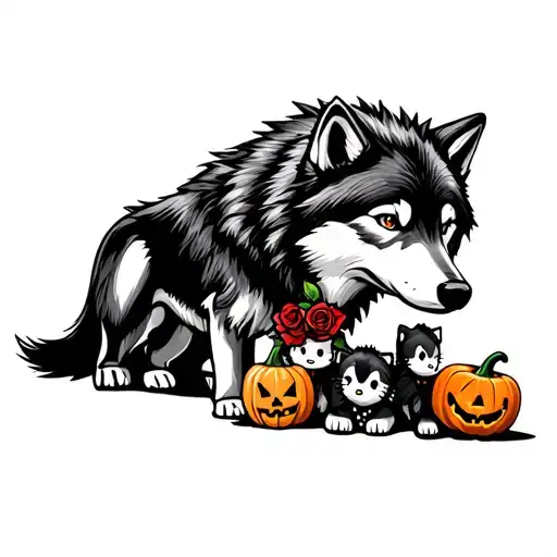 Black and gray wolf pack, alpha wolf with rose, pups with collars: Sonic, Hello Kitty, jack-o-lantern charms tattoo design idea