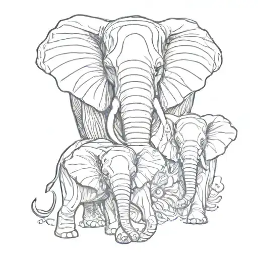 mama elephant and twin baby elephants tattoo fine line animated  tattoo design idea