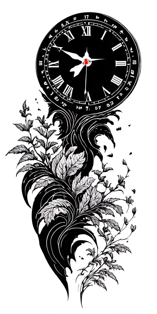 clock and nature tattoo design idea