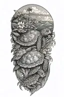 side profile,female, red hair, hawaii, nature, volcano explosion. sea turtles tattoo design idea