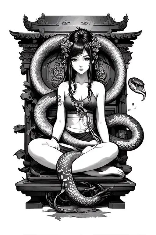 Japanese girl sitting on guardian shrine with snake protector wrapping around arm tattoo design idea