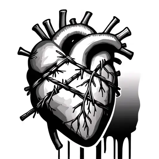 realistic human heart with barbed wire going through it tattoo design idea
