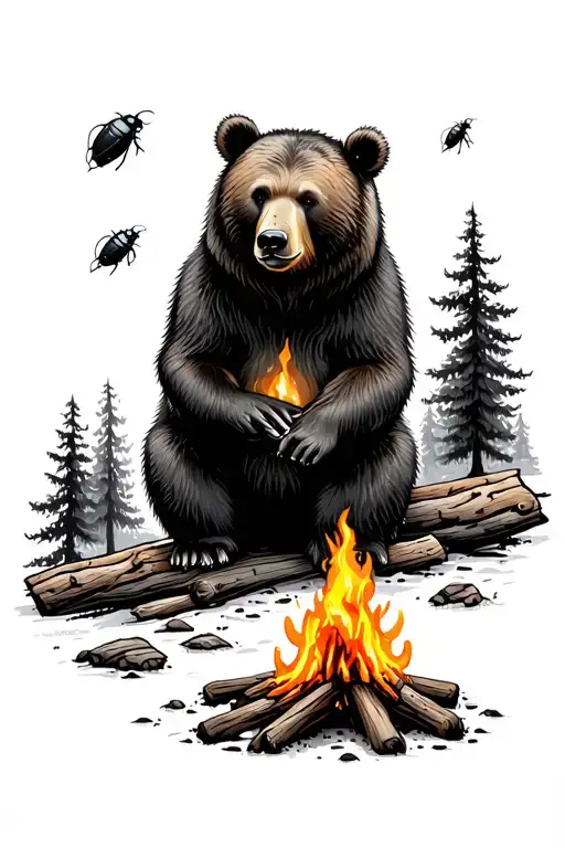 nature scene with bear, junebug, campfire, and black banding tattoo design idea