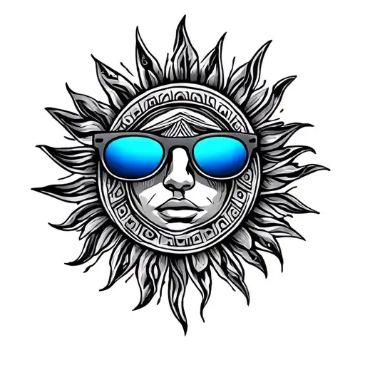 Inca tribal sun with blue Oakley sunglasses  tattoo design idea