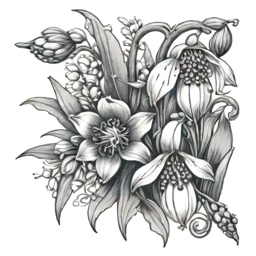 snowdrop, Lily of the valley, poppy flower tattoo design idea