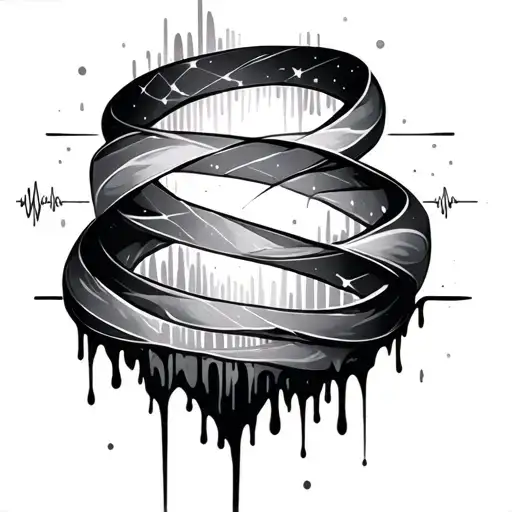 symbolic for overcoming difficulties, aurora ribbons flowing with hope , soundwaves backround and melting vortex, dna tattoo design idea