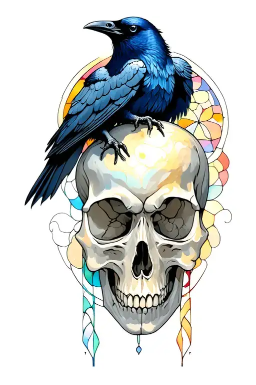 Raven On Skull With Stained Glass Background tattoo design idea