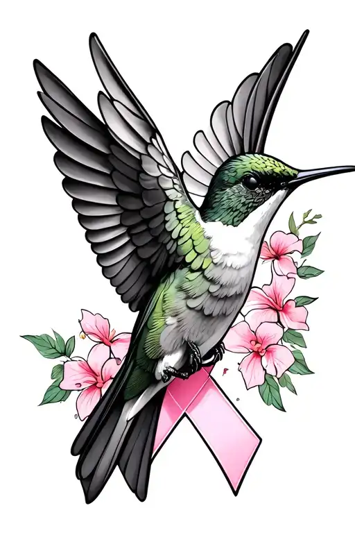 hummingbird and breast cancer ribbon tattoo design idea