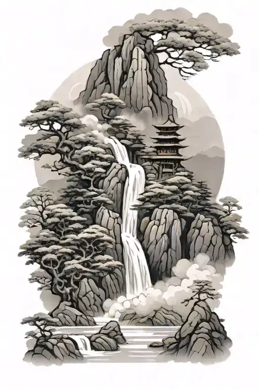 Japanese style waterfall with foggy mountain landscape tattoo design idea