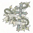 Matthew 6: 34 verse intertwined with a vine wrapped along a cross tattoo design idea