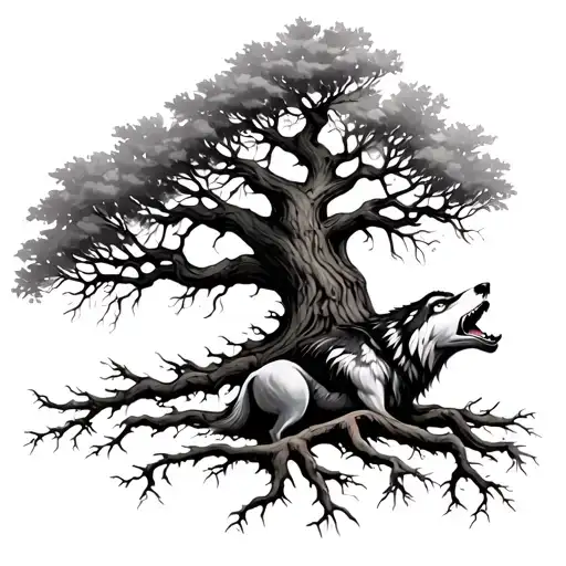 Tree with dried branches and roots with a wolf howling from the feet of the tree tattoo design idea