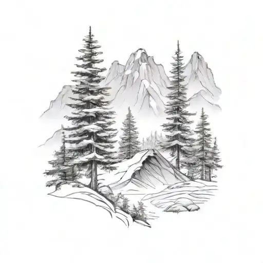 Mountain Scene pine trees tattoo design idea