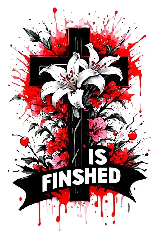 "It Is Finished" Cross with Red Sider Lilies and Cherry Blossom Trees tattoo design idea