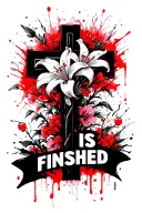 "It Is Finished" Cross with Red Sider Lilies and Cherry Blossom Trees tattoo design idea